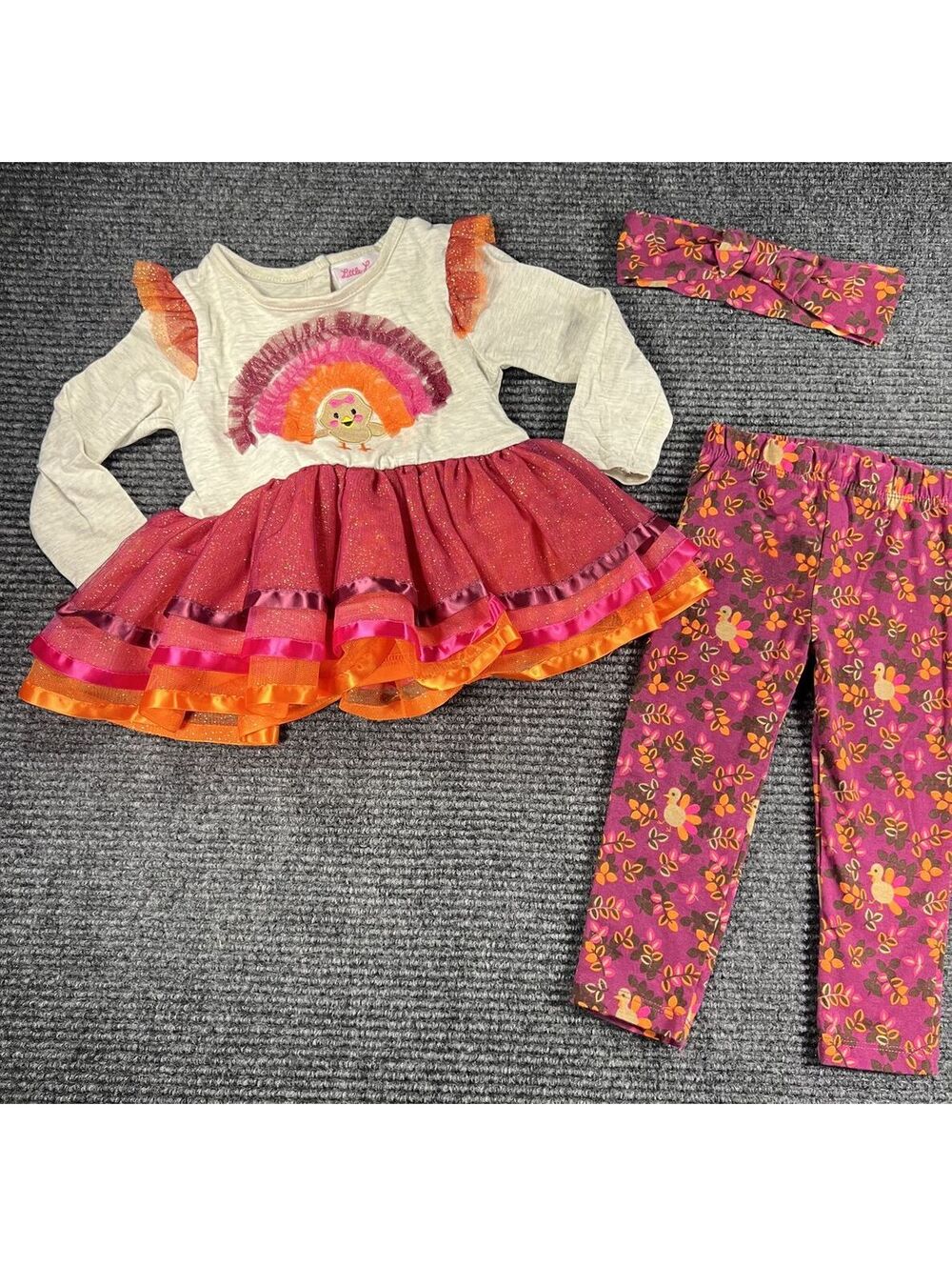 Little Lass 18M Girls Turkey Thanksgiving Outfit with Dress, Leggings & Headband